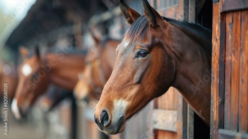 Head of horse looking over the stable doors on the background of other horses © Imron
