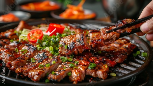Grilled beef ribs garnished with green onions and peppers, served hot from the grill, perfect for a delicious meal or BBQ picnic.