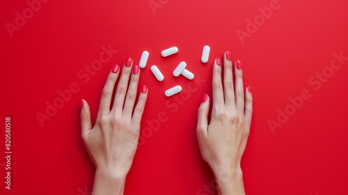 Two open hands are holding white pills against a red background.