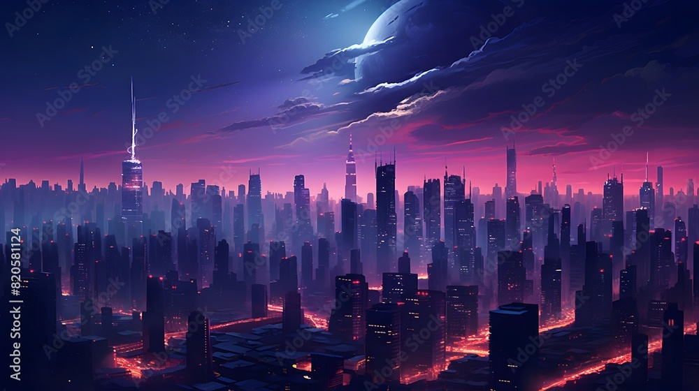 Panoramic view of the modern city at night. Vector illustration