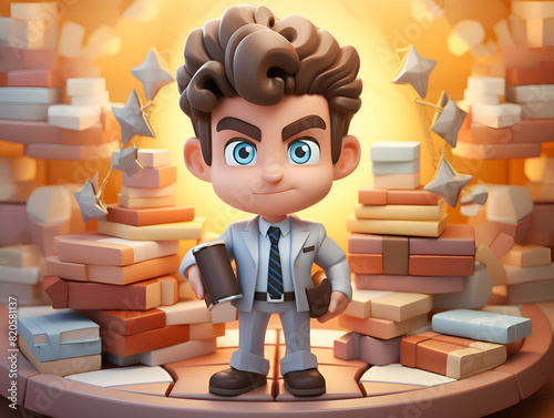 3D Render of Cartoon Businessman in front of a brick wall