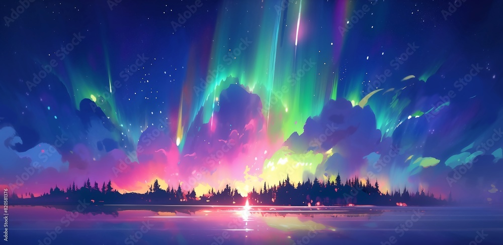 Sky background with beautiful aurora and shooting stars falling over the lake. Generative AI