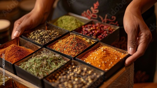 Fototapeta Naklejka Na Ścianę i Meble -  Person s hands presenting a gourmet spice package, featuring a selection of balanced and aromatic spices, perfect for highlighting highquality and tasteful corporate gifts