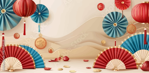 a chinese new year s background with paper fans and lanterns