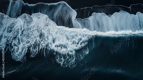  a top-down aerial shot of a black sand beach, waves and ocean. Atmospheric aerial of costal line, beach holidays picture. photo