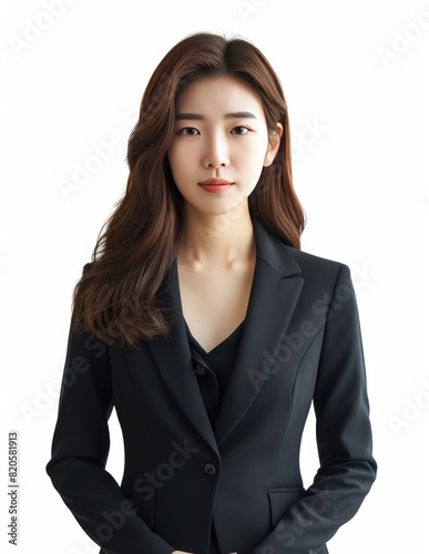 Marketing Executive's Attire: Full face no crop of a Pretty Young Korean Super Model in a Sharp Blazer and Tailored Trousers, showcasing corporate sophistication with a confident pose