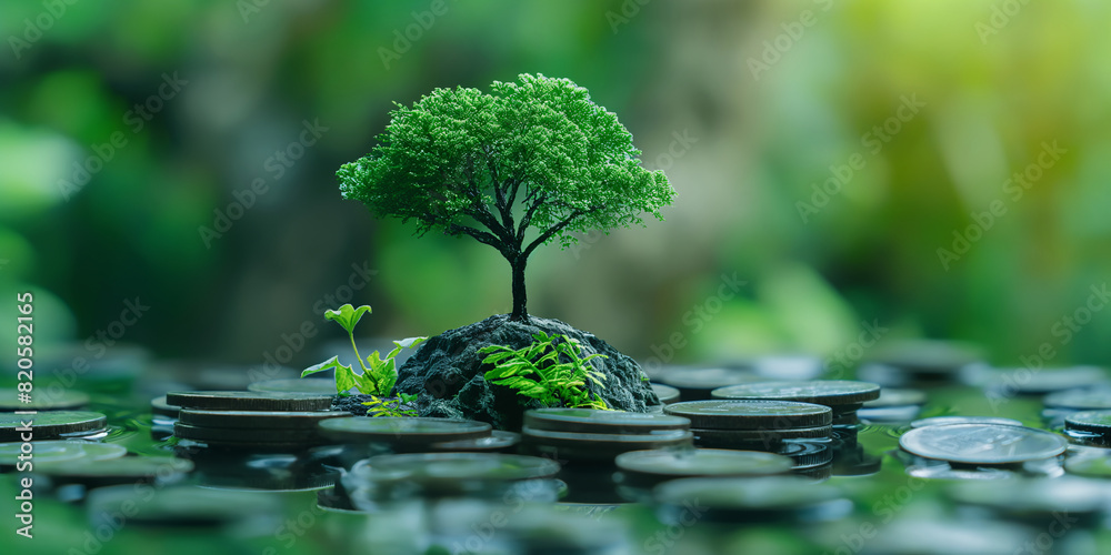ESG concept of environmental, social, and governance. A small tree on stack coins ESG concept of environmental, social, and governance. A small tree on stack coins