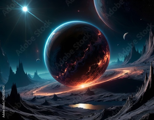 A breathtaking landscape depicting a massive exoplanet rising over an alien world with multiple moons in the starry sky.. AI Generation