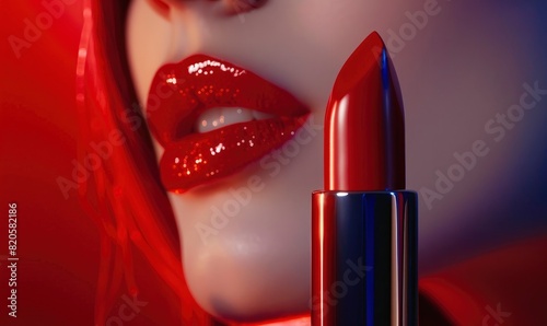A closeup shot of the lipstick in red, with an elegant female mannequin's lips holding it against a vibrant background
