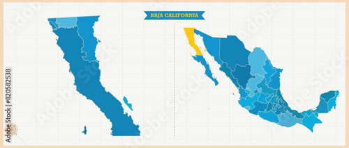 A Map highlighting Baja California in the Mexico Map, Baja California and Mexico modern map with Colorful Hi detailed Vector, geographical borders