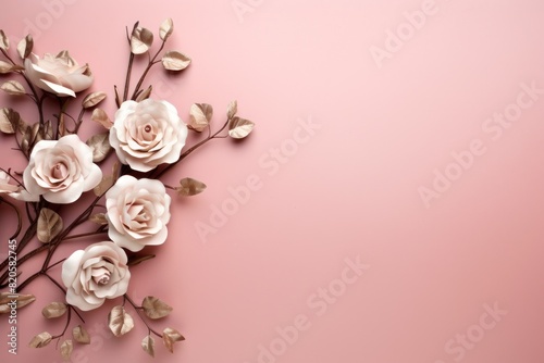 pink roses on a pink background. copy space and flat lay design, whimsical elements, twisted branches,