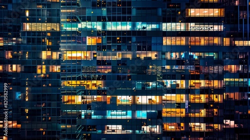 A lit skyscraper stands against the night sky, windows glowing in patterns, reflecting urban vibrance.