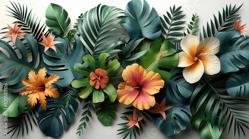 Tropical vertical border with palm leaves, exotic flowers and hummingbirds on a white background. 