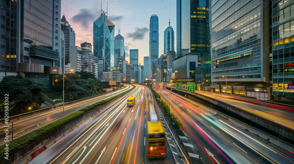 Light flow of traffic on a evening highway in a city with modern high buildings