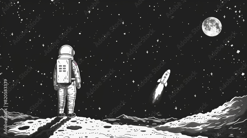 Obraz premium black night sky, astronaut and spaceship floating in the space, white on black background, cartoon