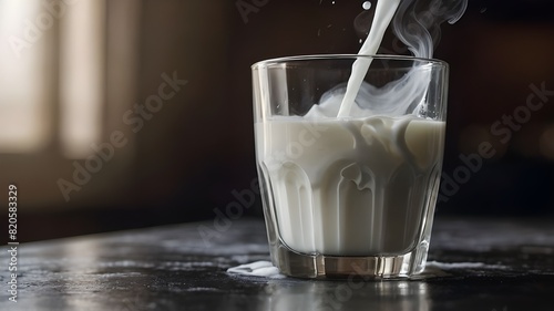 A glass of milk, perfectly chilled and adorned with a delicate swirl of steam rising from its surface, beckoning you to take a refreshing sip. photo