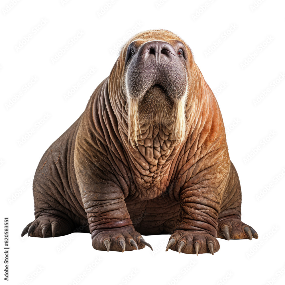 Fototapeta premium Close-up of a majestic walrus with long tusks and wrinkled skin, showcasing its impressive size and unique features.