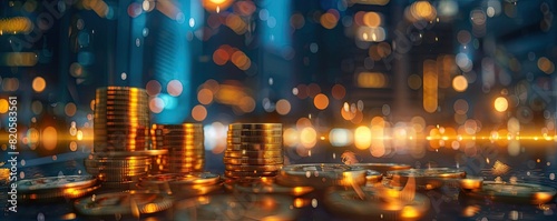 A surreal depiction of a financial district at night, with streets lined with glowing stacks of coins leading toward skyscrapers full of bustling economic activity