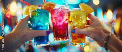 Closeup of hands clinking colorful cocktail glasses, vibrant drinks reflecting a festive business party atmosphere photo