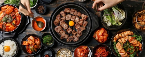 Flat lay of a Korean BBQ dish, hands reaching in to grab, highlighting the vibrant and authentic choice for business professionals