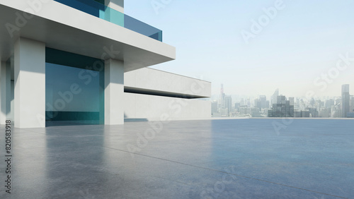  3d render of abstract modern architecture with empty concrete floor and city skyline background  car presentation background.