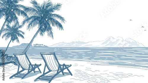 Seaside resort vacation vector lineart illustration.