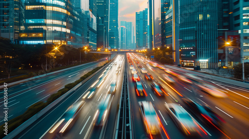 Light flow of traffic on a evening highway in a city with modern high buildings