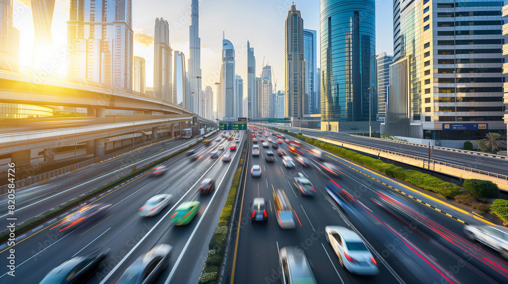 Fototapeta premium Light flow of traffic on a evening highway in a city with modern high buildings