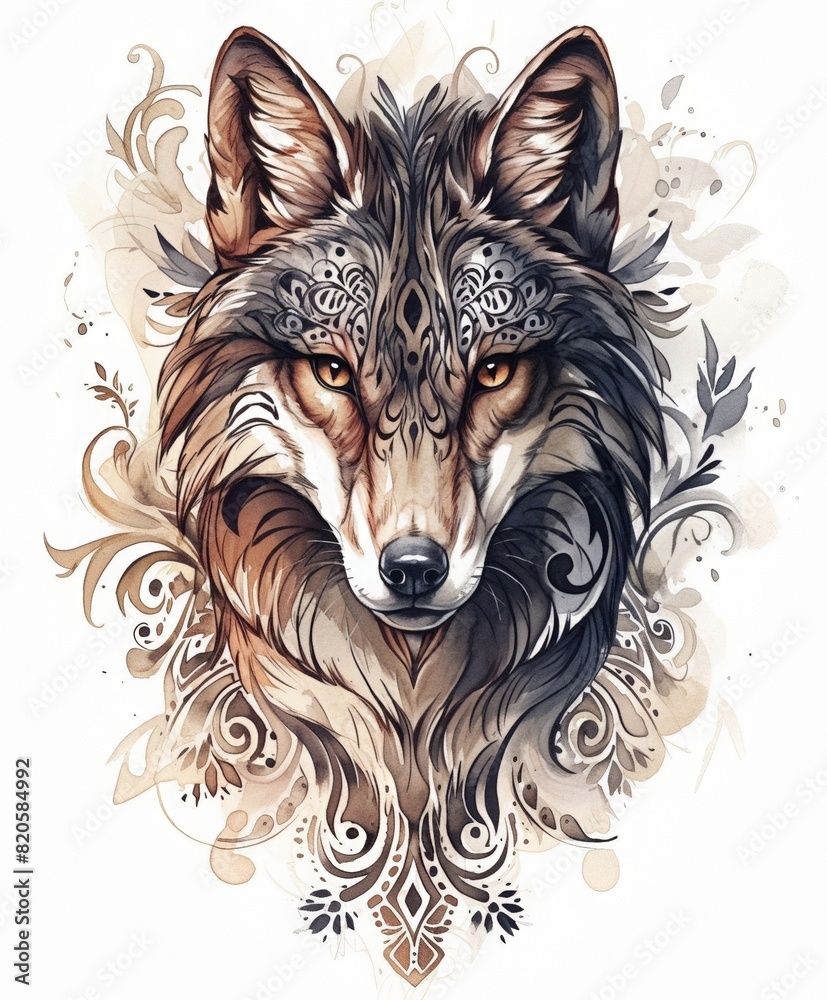 Fototapeta premium Tattoo of heraldry gothic ornate wild fox head. Abstract Logo design or print of wolf face. Wild animal celtic print tattoo. 
