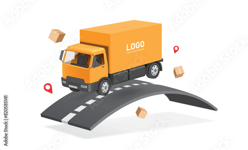 Delivery and online shopping concept ,Cargo yellow trucks drive on road and there is a parcel box or cardboard box, all red maps floating in the air around, vector 3d isolated for logistics design
