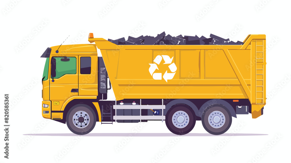 Side view of garbage truck with recycle sign for wast