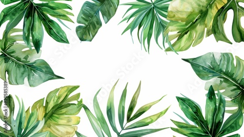 Watercolor tropical leaves frame on white background. Hand painted illustration  Watercolor hand painted frame with tropical green leaves and branches  AI Generated