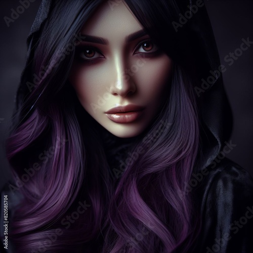 Stylish woman with dark hair and captivating eyes poses in a hooded fashion portrait