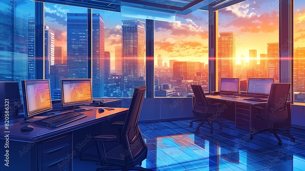 Fototapeta premium 都会の事務所の内装、夕方9