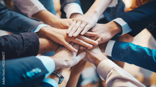 円陣で同僚とチームワークを強めるビジネスマン Businessman enforcing teamwork