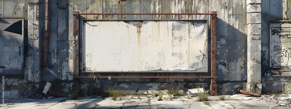 Vacant Advertisement Space on Aged Warehouse Wall in Weathered Industrial Landscape