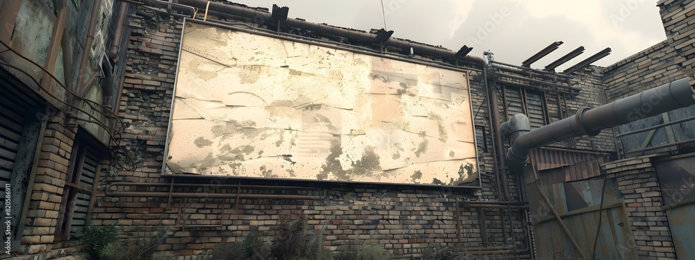 Blank Billboard on Decrepit Warehouse Facade in a Moody NeoNoir Urban Environment Blank Billboard on Decrepit Warehouse Facade in a Moody NeoNoir Urban Environment