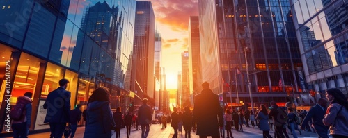 An artistic representation of a financial district during a busy weekday, with people in business attire bustling between towering glass skyscrapers photo