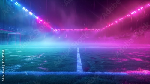 A textured soccer field including neon fog in the middle of midfield  space  Generative AI.