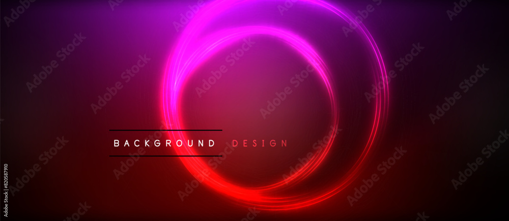 Neon glowing circle rays, light round lines in the dark, planet style neon wave lines. Energetic electric concept design for wallpaper, banner, background
