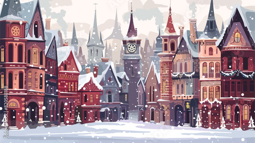 Snowy cityscape or landscape with town. City street w