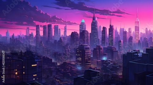 Futuristic city panorama at sunset. 3d render illustration