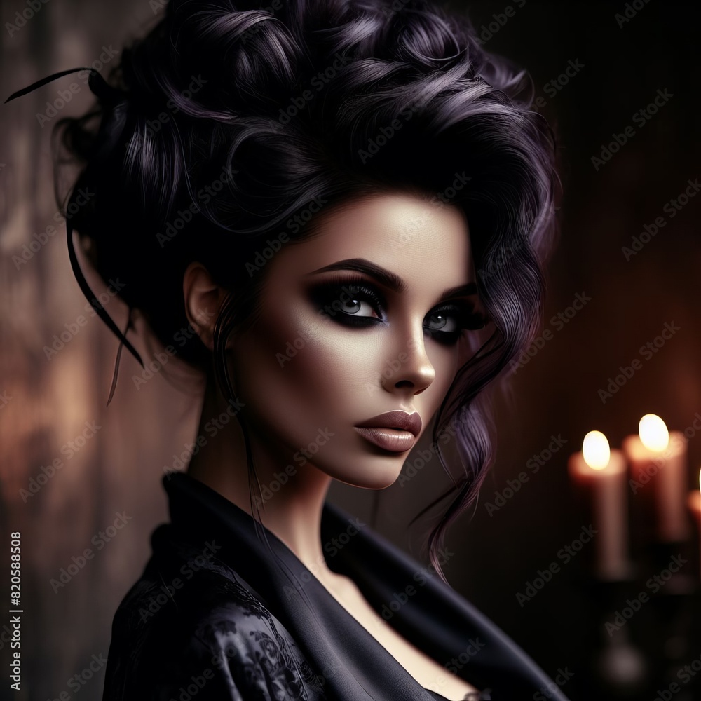 Fototapeta premium Stunning Woman with Dark Hair and Makeup in Studio Portrait