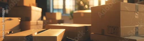 Closeup of packing kitchen items into a box, realistic, soft lighting, detailed illustration, © Tonton54