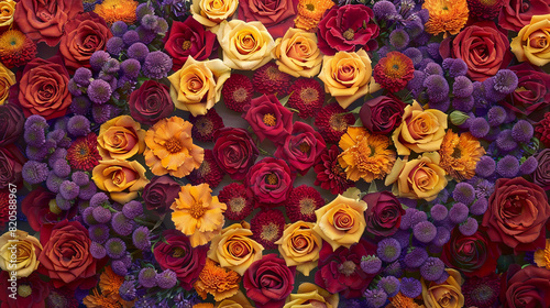 A radiant array of crimson roses, golden marigolds, and purple asters arranged in a striking geometric pattern.