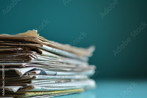 Stack of newspapers on one color n background Copy space for your text Stack of newspapers on green background , AI generated