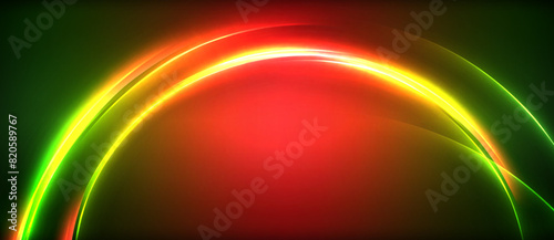 Neon glowing circle rays, light round lines in the dark, planet style neon wave lines. Energetic electric concept design for wallpaper, banner, background © antishock