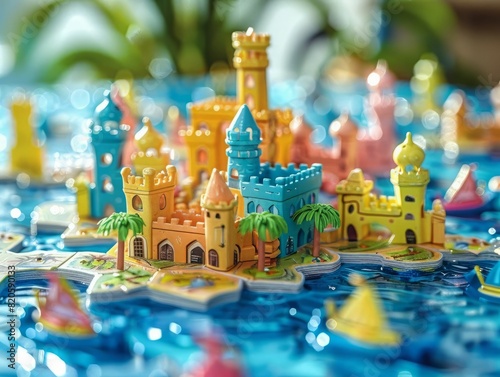 Small plastic toy city with bright colors on the water