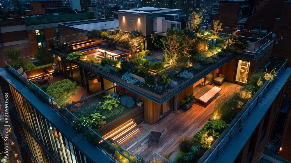 An illuminated urban rooftop garden at night offers residents a peaceful retreat from the bustling city. An illuminated urban rooftop garden at night offers residents a peaceful retreat from the bustling city.