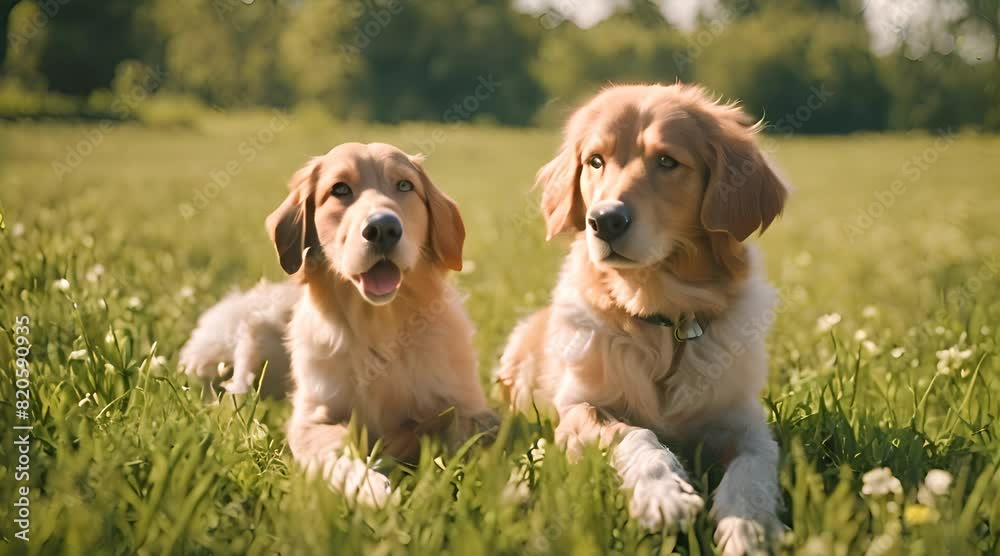 Two adorable golden retriever puppies sitting on grass, happy and cute, isolated outdoors Two adorable golden retriever puppies sitting on grass, happy and cute, isolated outdoors
